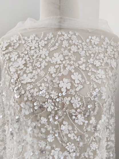 3D Floral Mesh Lace Fabric White Sequin Beaded Lace for Wedding Dress Bridal Gown Material by the Yard Sewing Supplies
