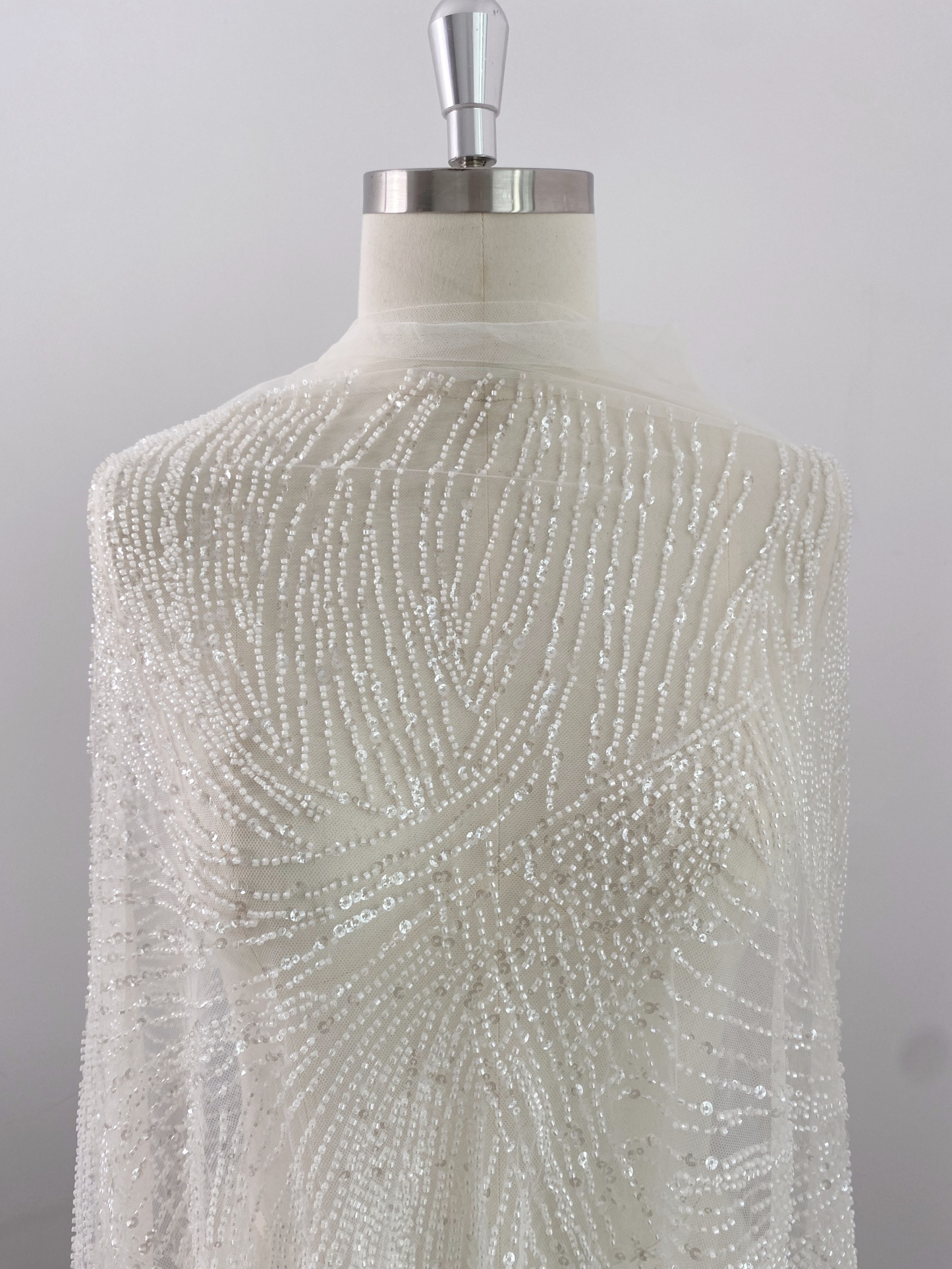 Beaded Lace Tulle Fabric with Line, off-white Wedding Dress Lace, DIY Dress Material by the Yard,Houte Couture