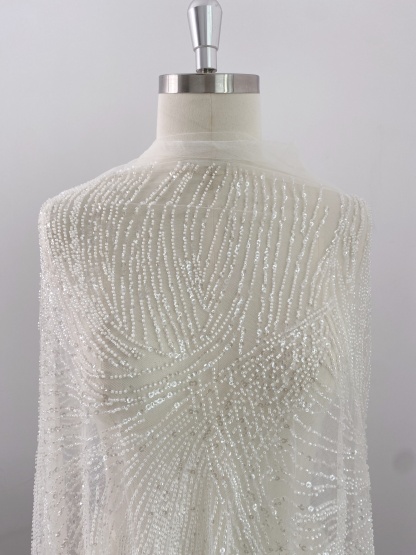 Beaded Lace Tulle Fabric with Line, off-white Wedding Dress Lace, DIY Dress Material by the Yard,Houte Couture