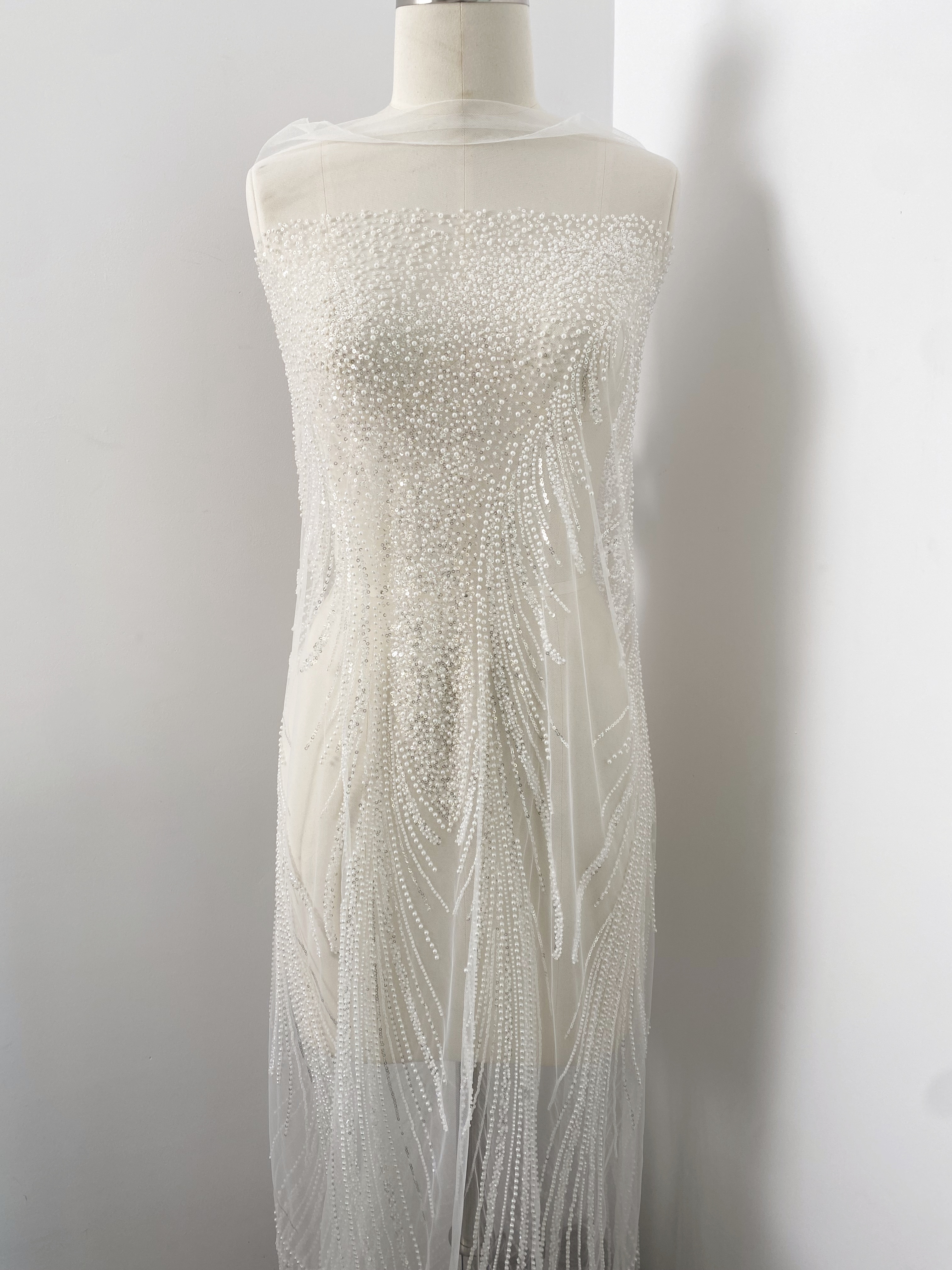Heavy Beaded Lace Fabric with Lines, Stripe Embroidery Tulle Applique by the Yard, Sequin Lace for Bridal & Evening Wear,Wedding Dress
