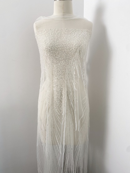 Heavy Beaded Lace Fabric with Lines, Stripe Embroidery Tulle Applique by the Yard, Sequin Lace for Bridal & Evening Wear,Wedding Dress