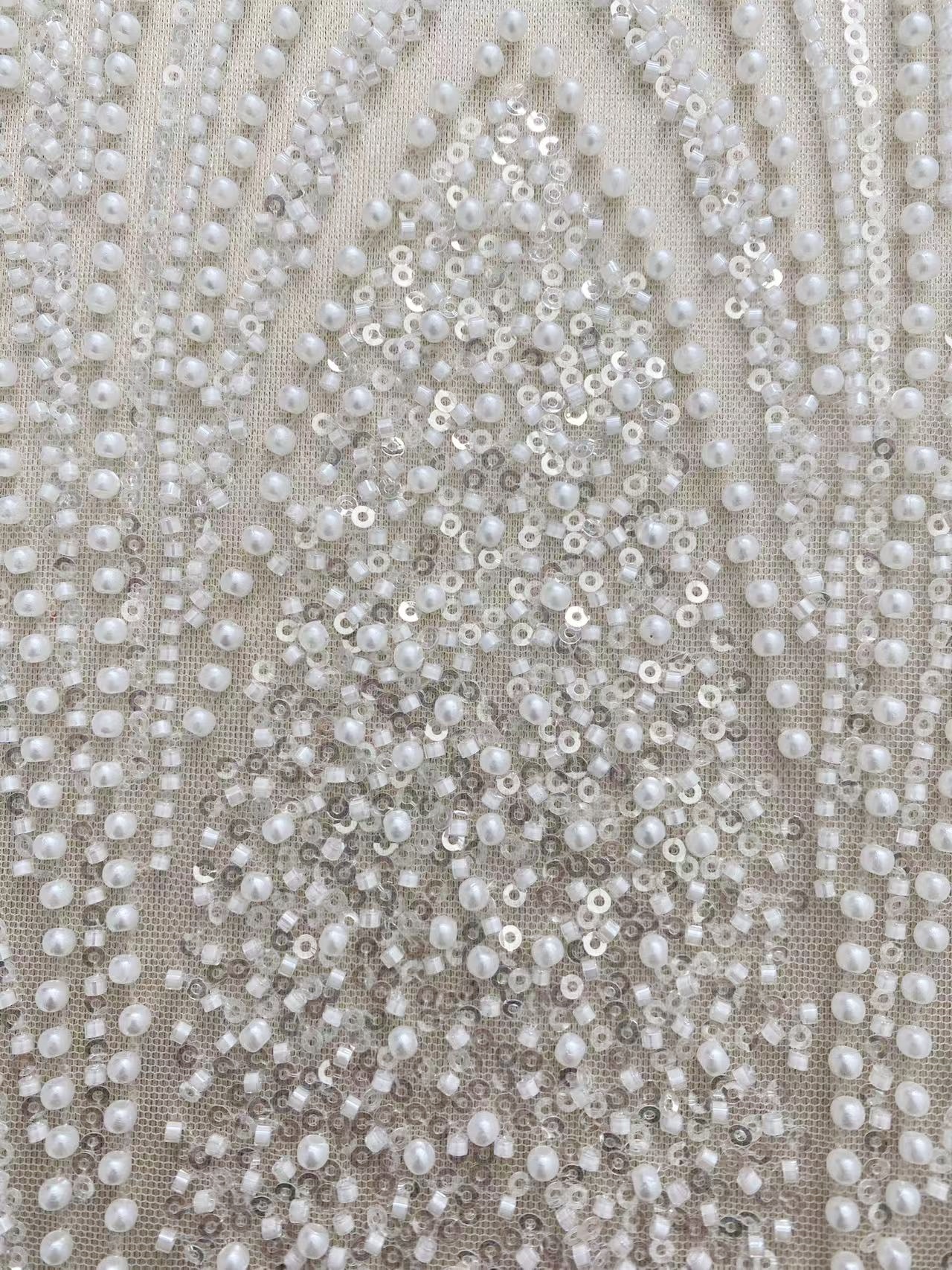 Heavy Beaded Lace Fabric with Lines, Stripe Embroidery Tulle Applique by the Yard, Sequin Lace for Bridal & Evening Wear,Wedding Dress