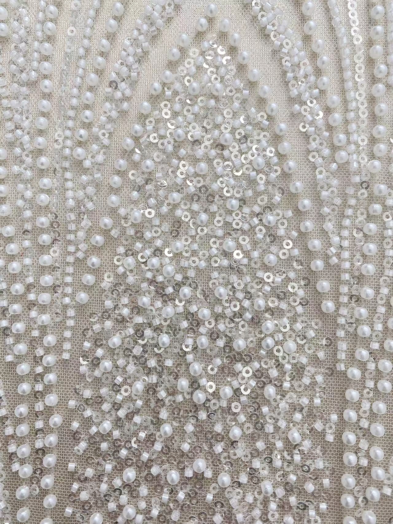 Heavy Beaded Lace Fabric with Lines, Stripe Embroidery Tulle Applique by the Yard, Sequin Lace for Bridal & Evening Wear,Wedding Dress