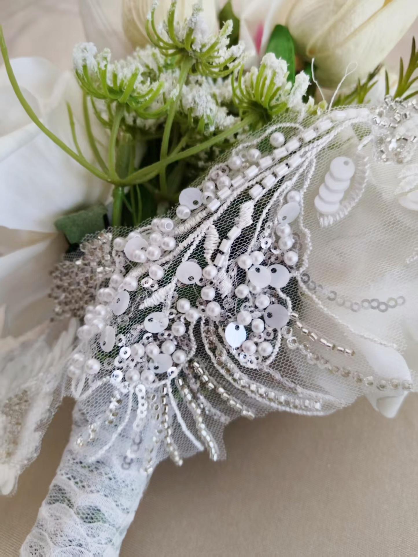 Sequined Lace Trim,3D Beaded Bridal Lace Appliqué with Sequins on Silver Thread, Wedding Dress Embellishment, Lace for Wedding Gown