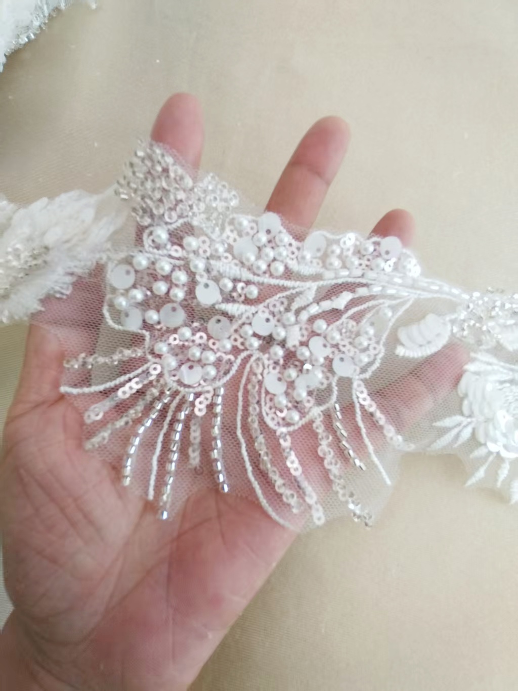 Sequined Lace Trim,3D Beaded Bridal Lace Appliqué with Sequins on Silver Thread, Wedding Dress Embellishment, Lace for Wedding Gown