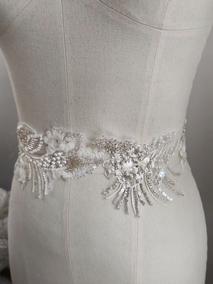 Sequined Lace Trim,3D Beaded Bridal Lace Appliqué with Sequins on Silver Thread, Wedding Dress Embellishment, Lace for Wedding Gown
