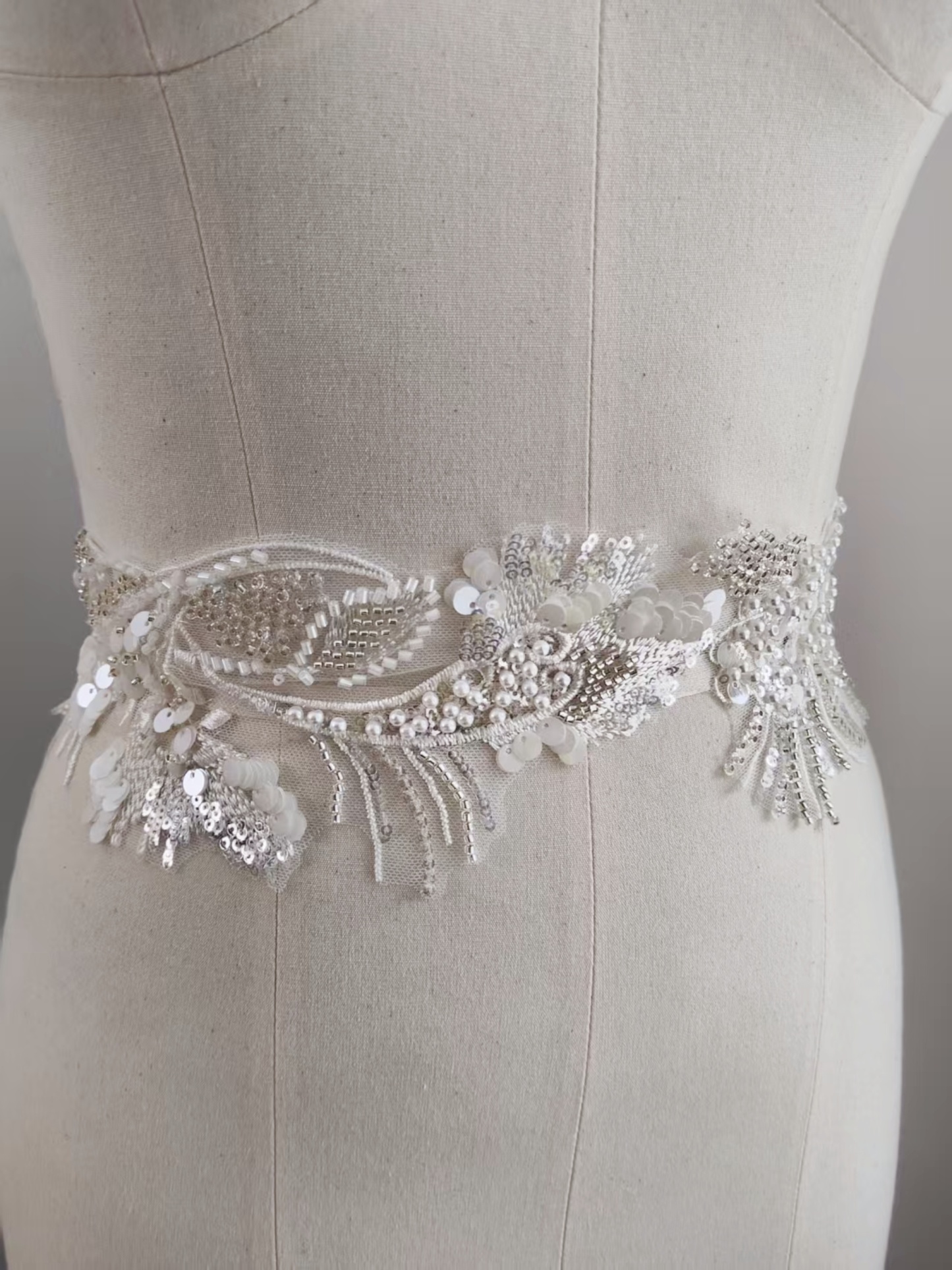 Sequined Lace Trim,3D Beaded Bridal Lace Appliqué with Sequins on Silver Thread, Wedding Dress Embellishment, Lace for Wedding Gown