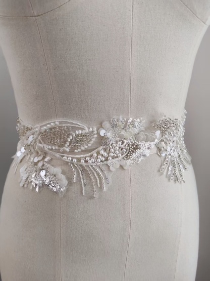 Sequined Lace Trim,3D Beaded Bridal Lace Appliqué with Sequins on Silver Thread, Wedding Dress Embellishment, Lace for Wedding Gown