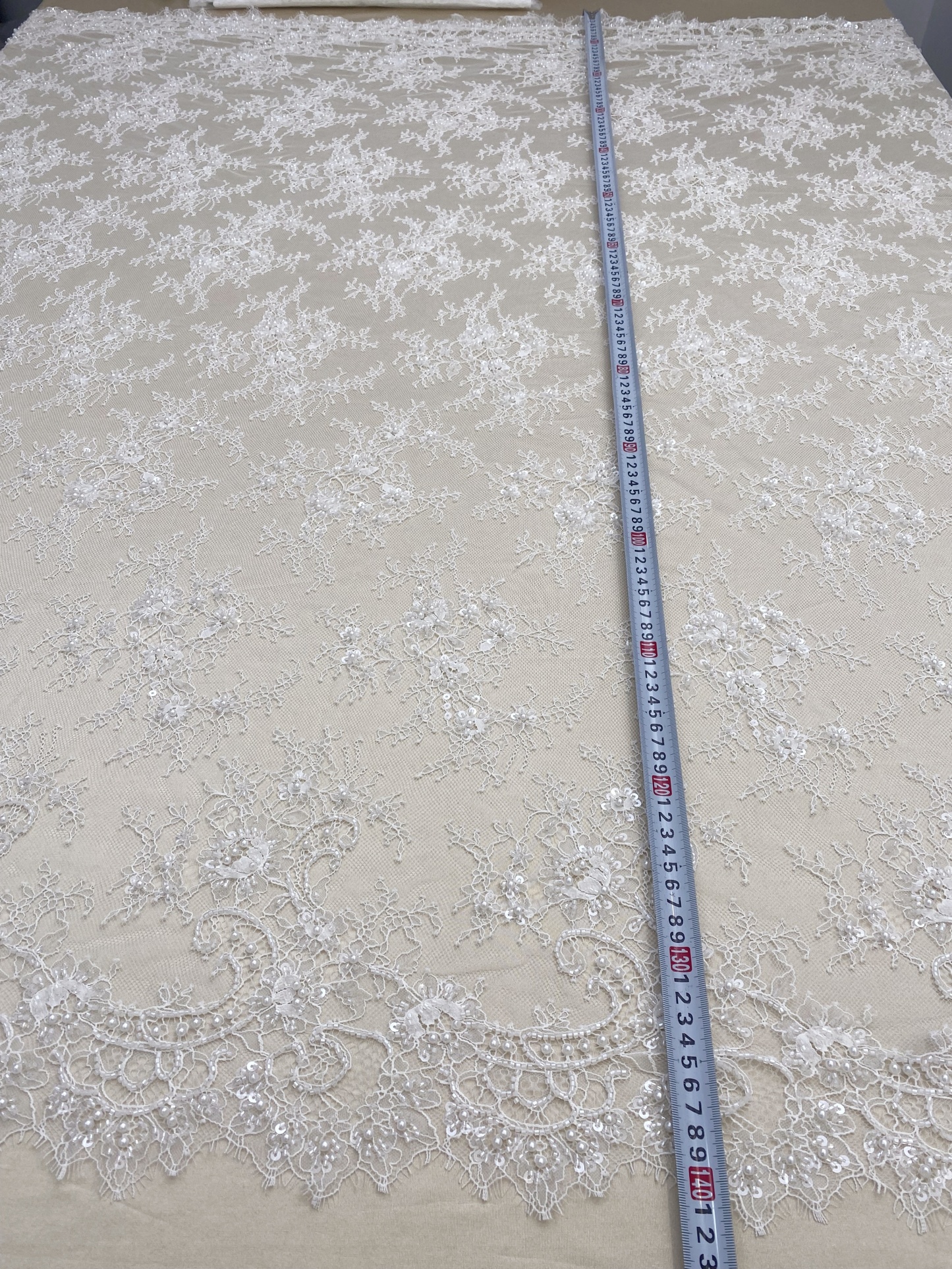 White Bead Chantilly Lace Fabric with Sequins for Wedding Dress,Bridal Gown Veil, Alencon Lace Floral Trim Eyelash Edging,Sold as 3-Meter Piece