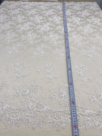 White Bead Chantilly Lace Fabric with Sequins for Wedding Dress,Bridal Gown Veil, Alencon Lace Floral Trim Eyelash Edging,Sold as 3-Meter Piece