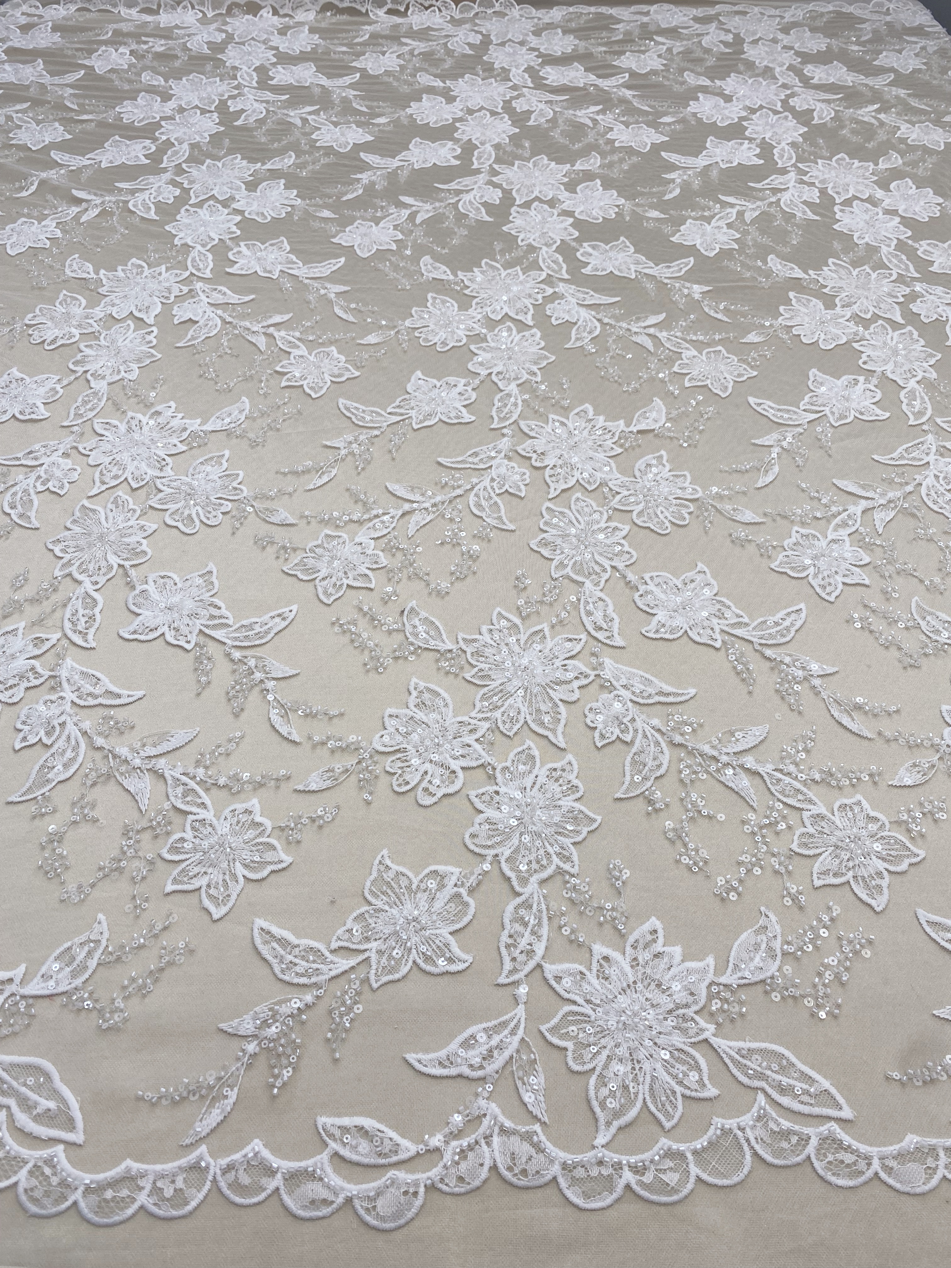 Ivory Embroidered Lace Fabric with Beads and Sequins for Wedding Dresses, Romantic Flower Lace Fabric, Rayon Embroidery Flower Lace