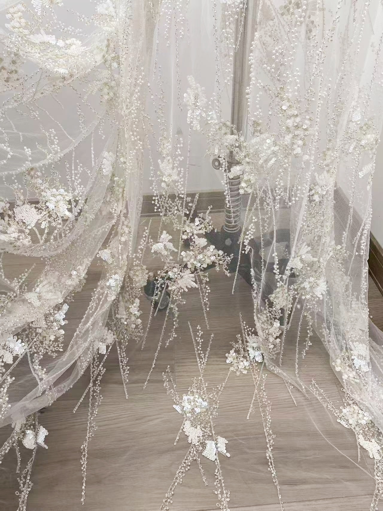 Ivory Heavy Sequin Beads Lace Fabric, Beading Tulle Lace for Prom Dress, Ball Gowns, Couture, Evening Dress