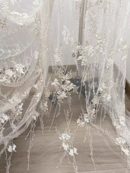 Ivory Heavy Sequin Beads Lace Fabric, Beading Tulle Lace for Prom Dress, Ball Gowns, Couture, Evening Dress