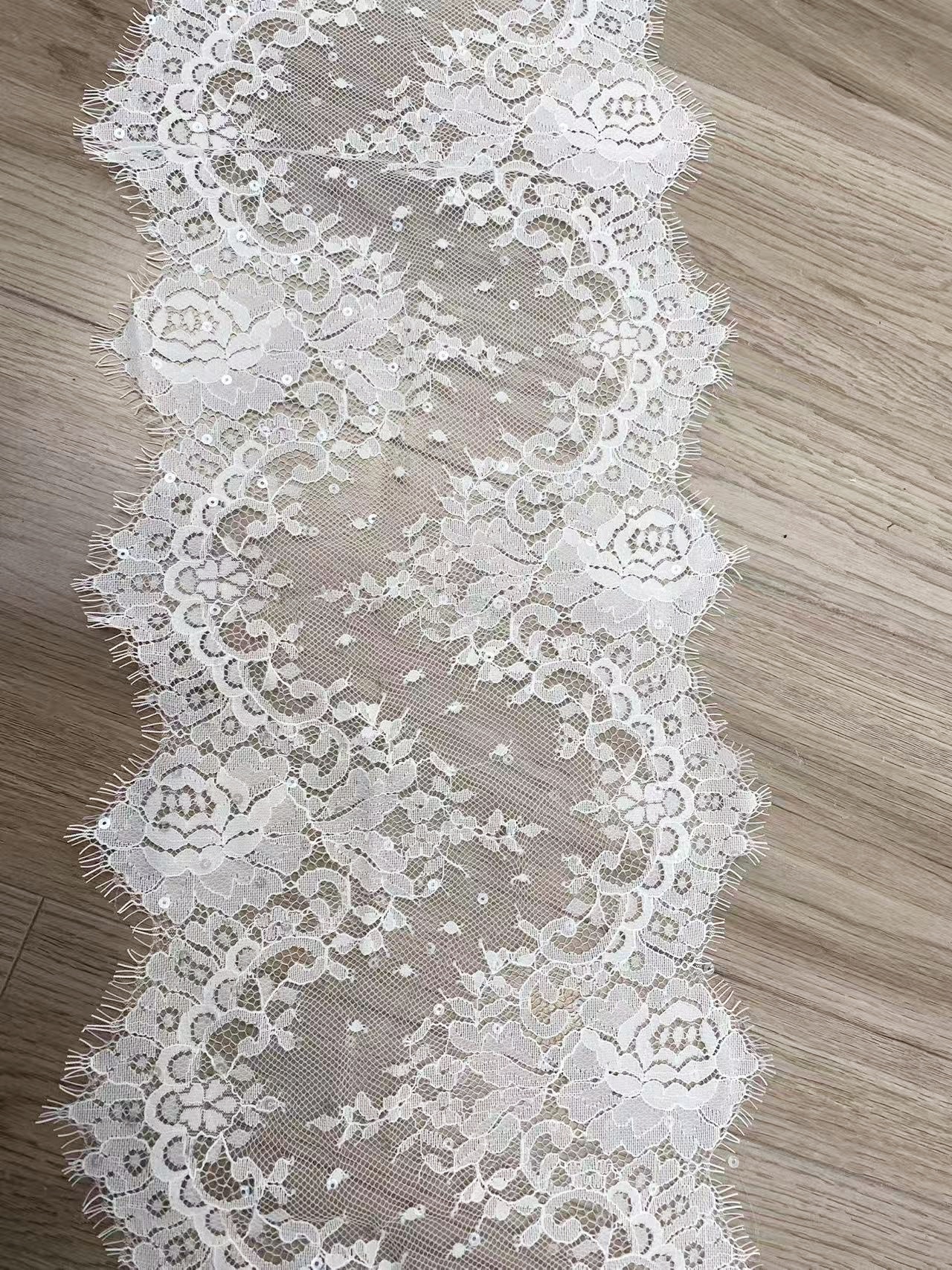 Chantilly Lace Trim Fabric with Squines, White French Eyelash Border Lace for Bridal Veil, Wedding Embroidery Lace Tirmming,Sold by 3 Meters
