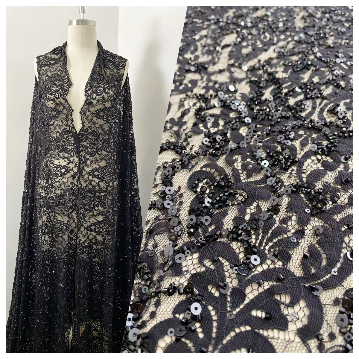 Black French Beaded Chantilly Lace Fabric, Bridal Eyelash Lace Material for Wedding Dress,Gown, Haute couture,Sold as 3-Meter Piece