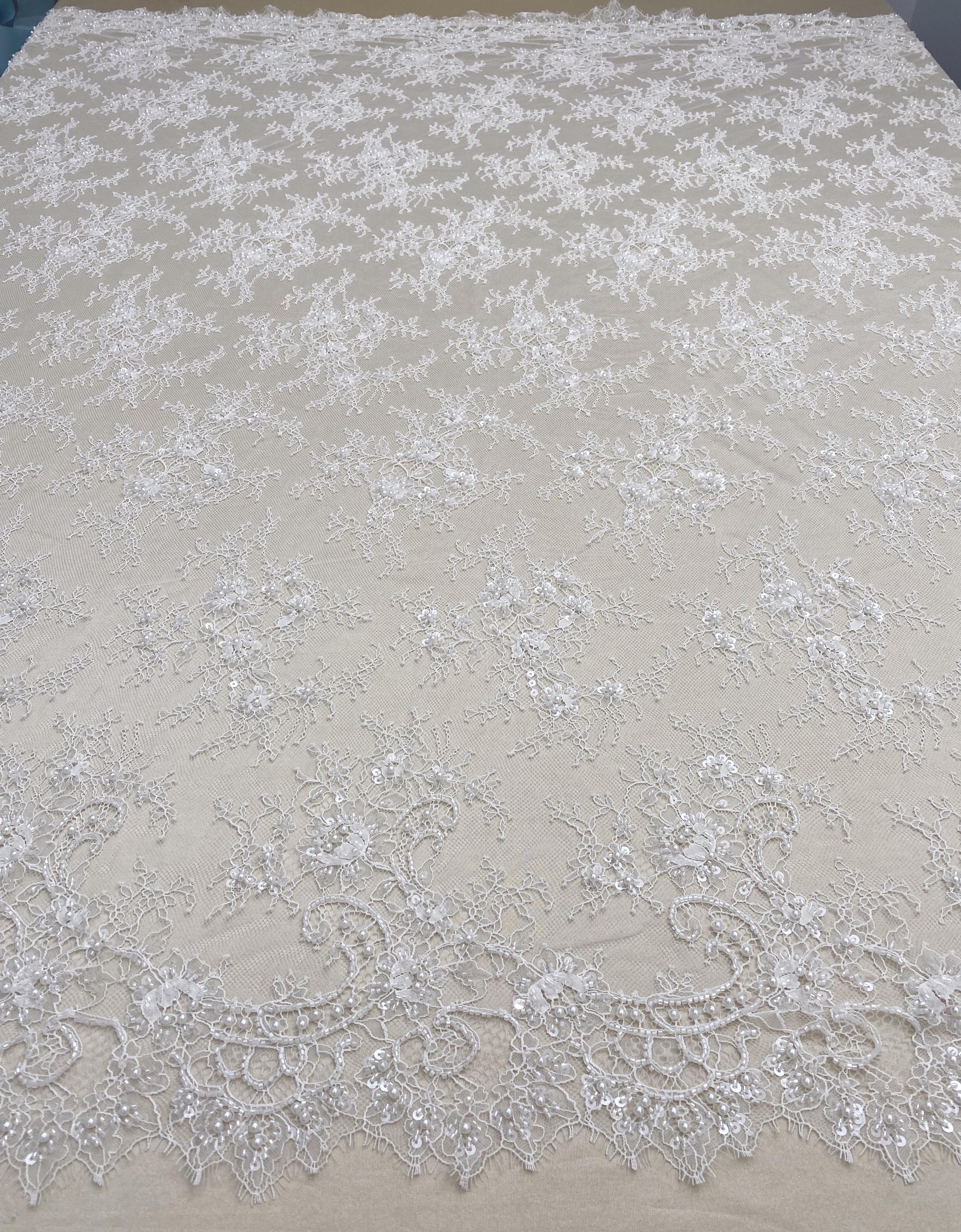 White Bead Chantilly Lace Fabric with Sequins for Wedding Dress,Bridal Gown Veil, Alencon Lace Floral Trim Eyelash Edging,Sold as 3-Meter Piece