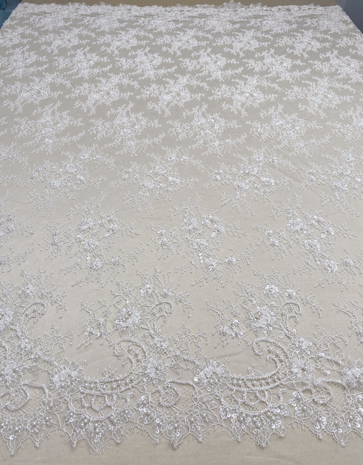 White Bead Chantilly Lace Fabric with Sequins for Wedding Dress,Bridal Gown Veil, Alencon Lace Floral Trim Eyelash Edging,Sold as 3-Meter Piece