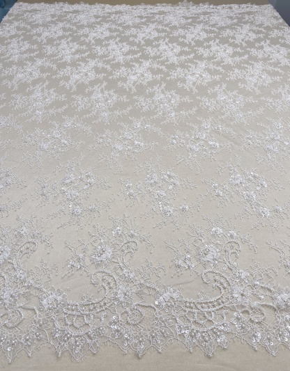 White Bead Chantilly Lace Fabric with Sequins for Wedding Dress,Bridal Gown Veil, Alencon Lace Floral Trim Eyelash Edging,Sold as 3-Meter Piece