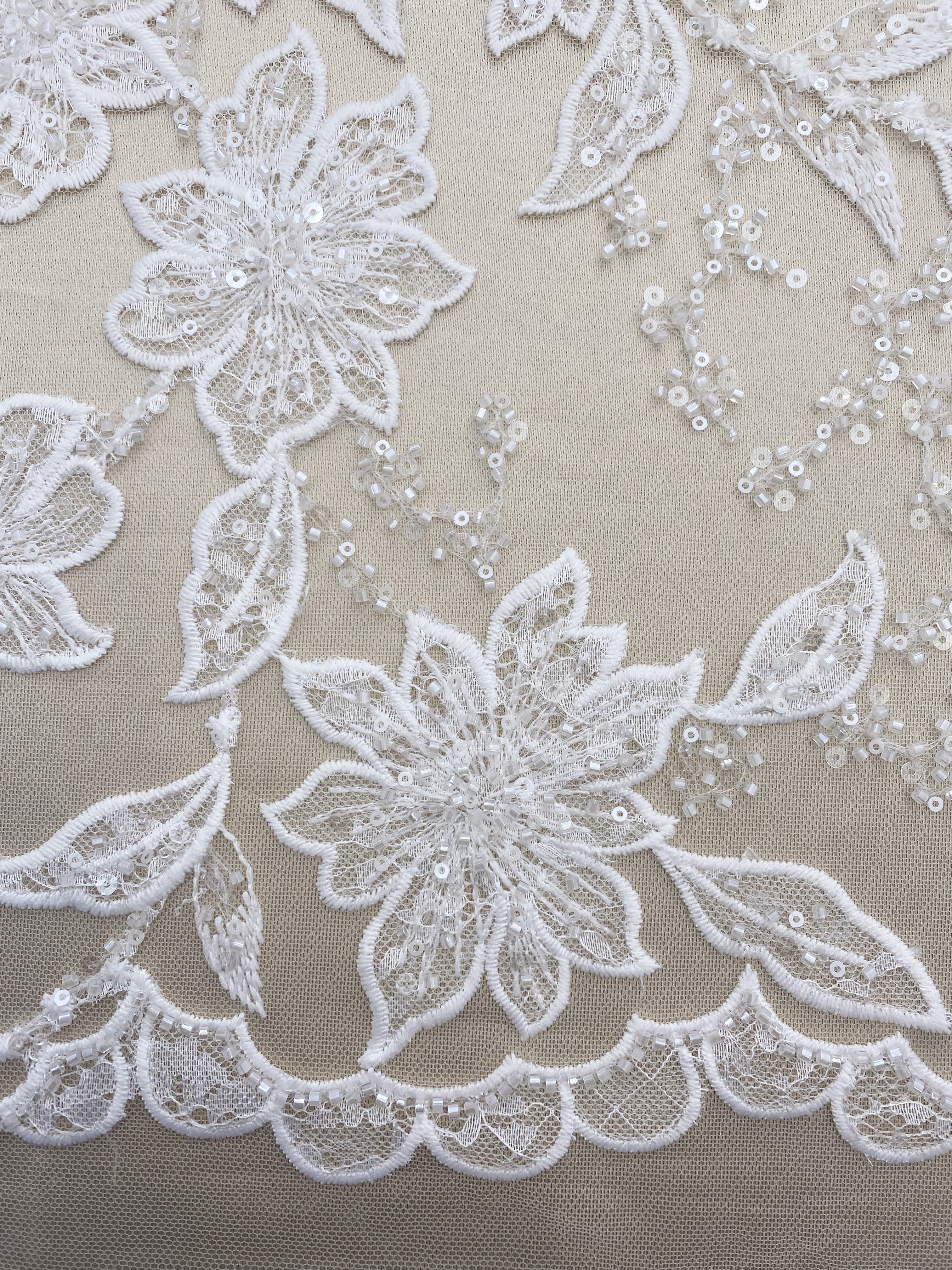 Ivory Embroidered Lace Fabric with Beads and Sequins for Wedding Dresses, Romantic Flower Lace Fabric, Rayon Embroidery Flower Lace