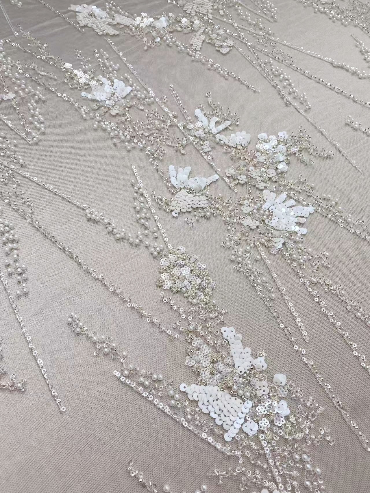 Ivory Heavy Sequin Beads Lace Fabric, Beading Tulle Lace for Prom Dress, Ball Gowns, Couture, Evening Dress