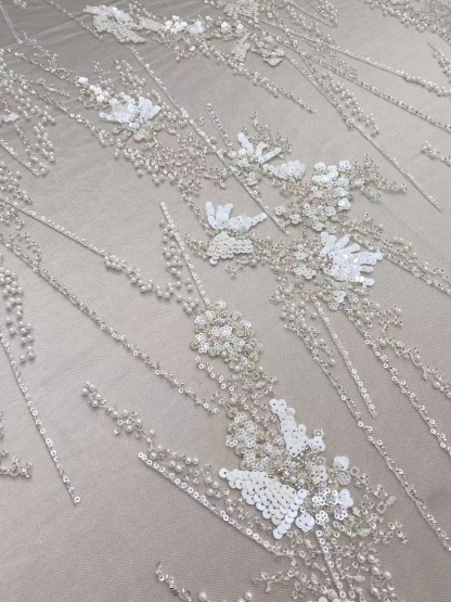 Ivory Heavy Sequin Beads Lace Fabric, Beading Tulle Lace for Prom Dress, Ball Gowns, Couture, Evening Dress
