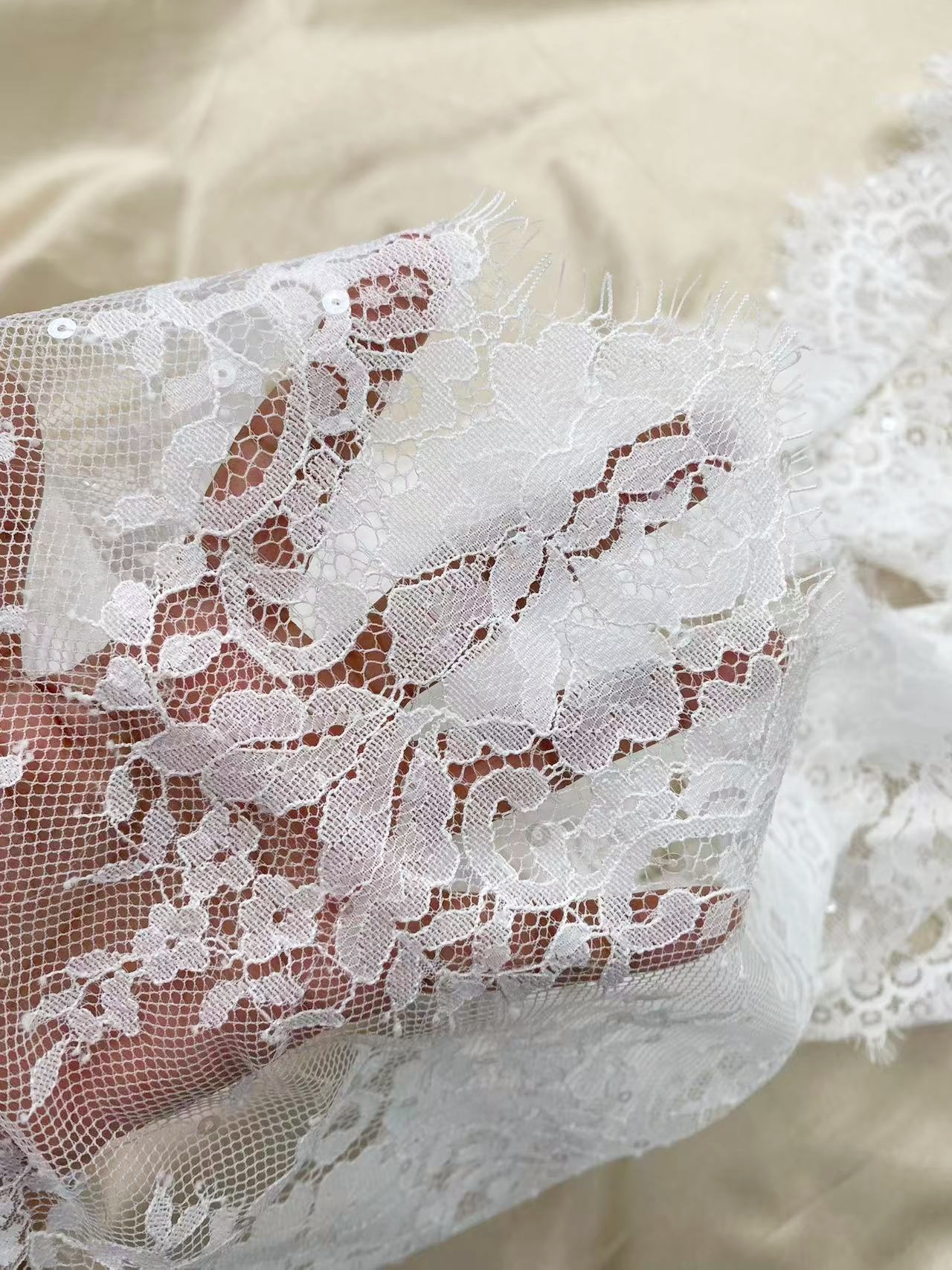 Chantilly Lace Trim Fabric with Squines, White French Eyelash Border Lace for Bridal Veil, Wedding Embroidery Lace Tirmming,Sold by 3 Meters