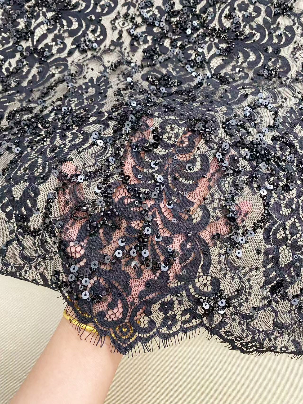 Black French Beaded Chantilly Lace Fabric, Bridal Eyelash Lace Material for Wedding Dress,Gown, Haute couture,Sold as 3-Meter Piece