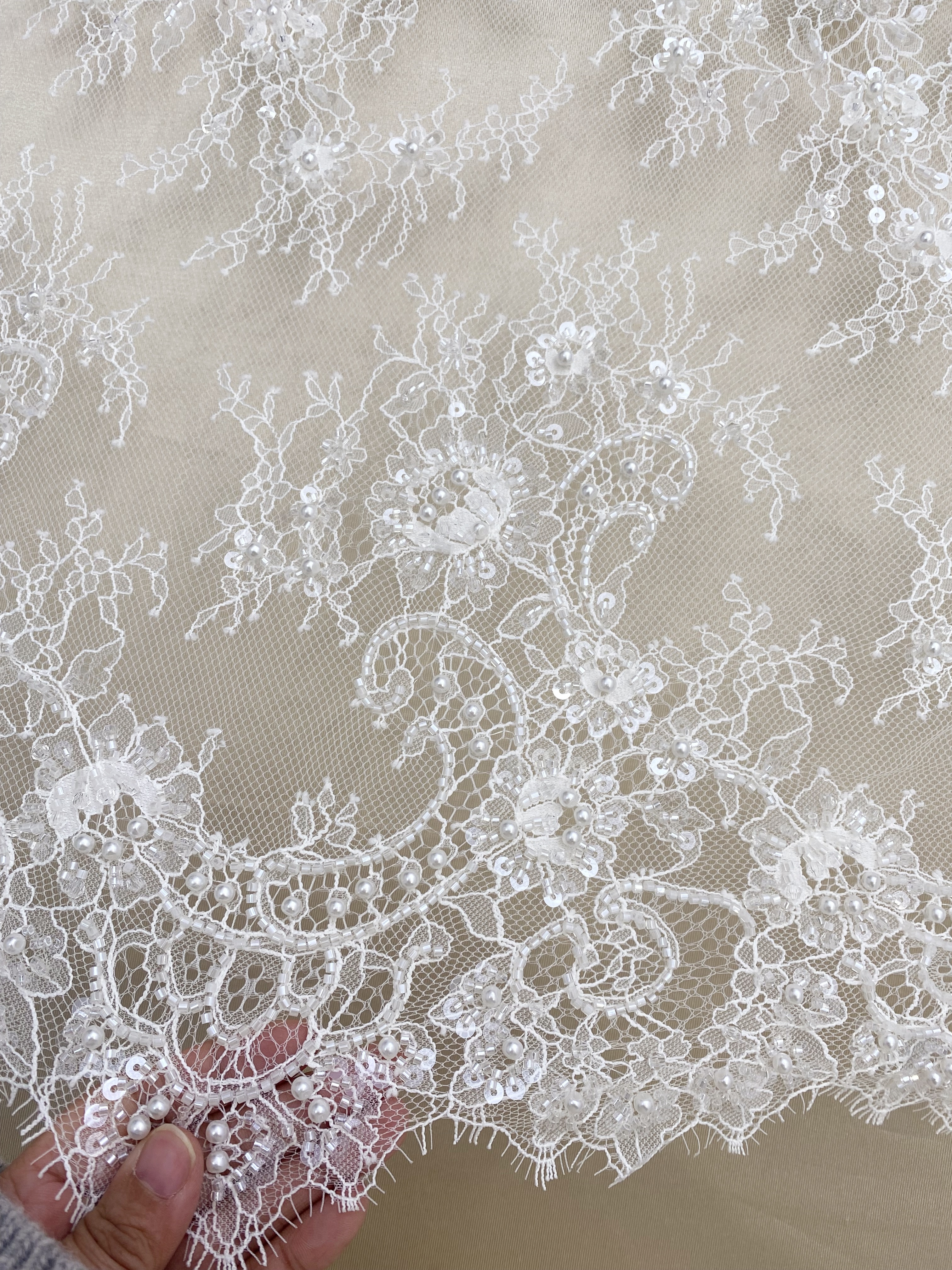 White Bead Chantilly Lace Fabric with Sequins for Wedding Dress,Bridal Gown Veil, Alencon Lace Floral Trim Eyelash Edging,Sold as 3-Meter Piece