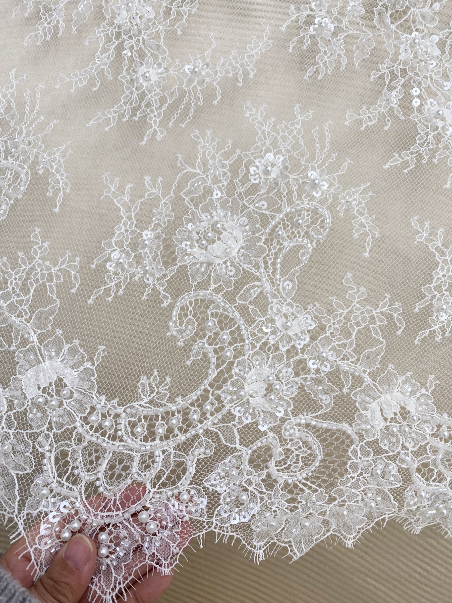 White Bead Chantilly Lace Fabric with Sequins for Wedding Dress,Bridal Gown Veil, Alencon Lace Floral Trim Eyelash Edging,Sold as 3-Meter Piece