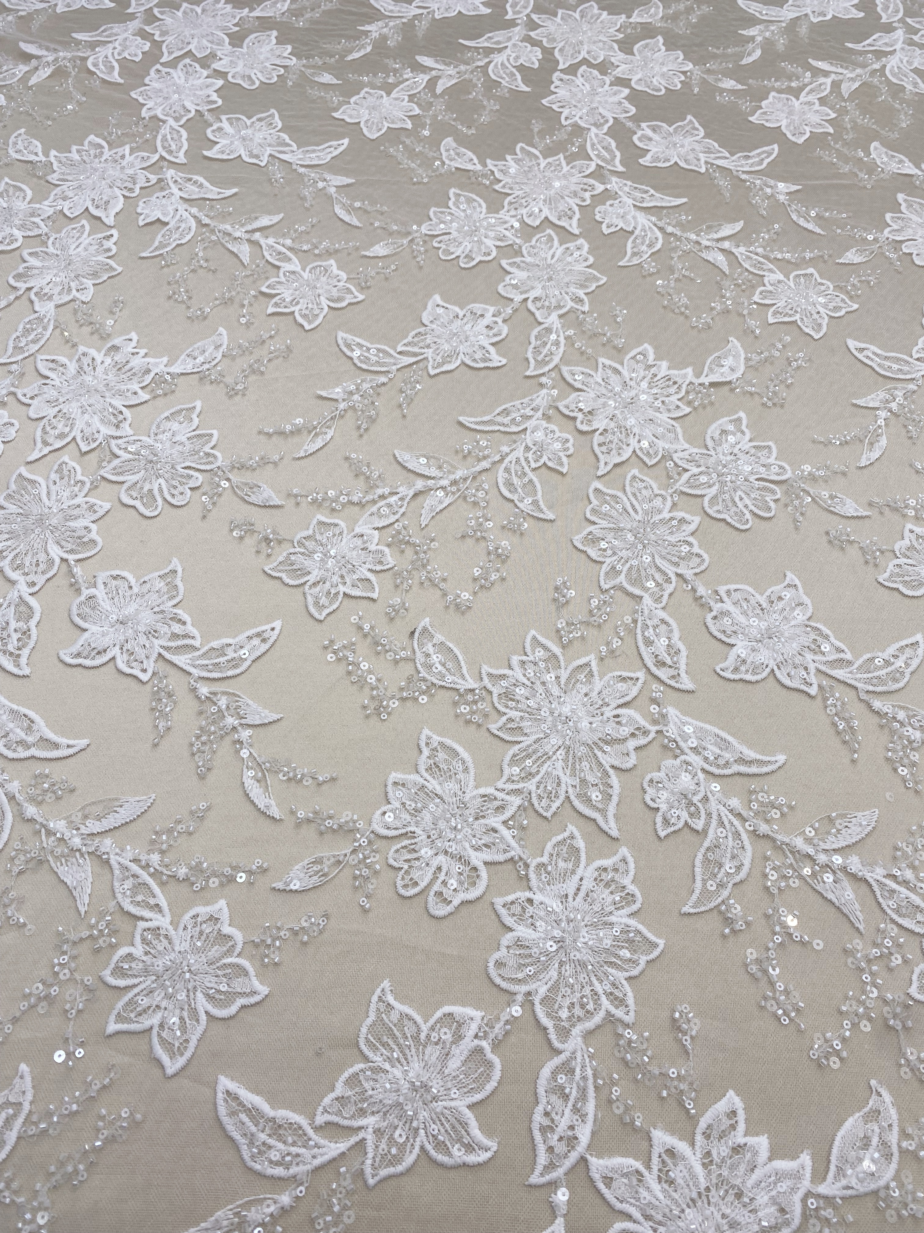 Ivory Embroidered Lace Fabric with Beads and Sequins for Wedding Dresses, Romantic Flower Lace Fabric, Rayon Embroidery Flower Lace