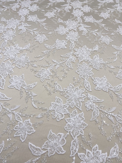 Ivory Embroidered Lace Fabric with Beads and Sequins for Wedding Dresses, Romantic Flower Lace Fabric, Rayon Embroidery Flower Lace