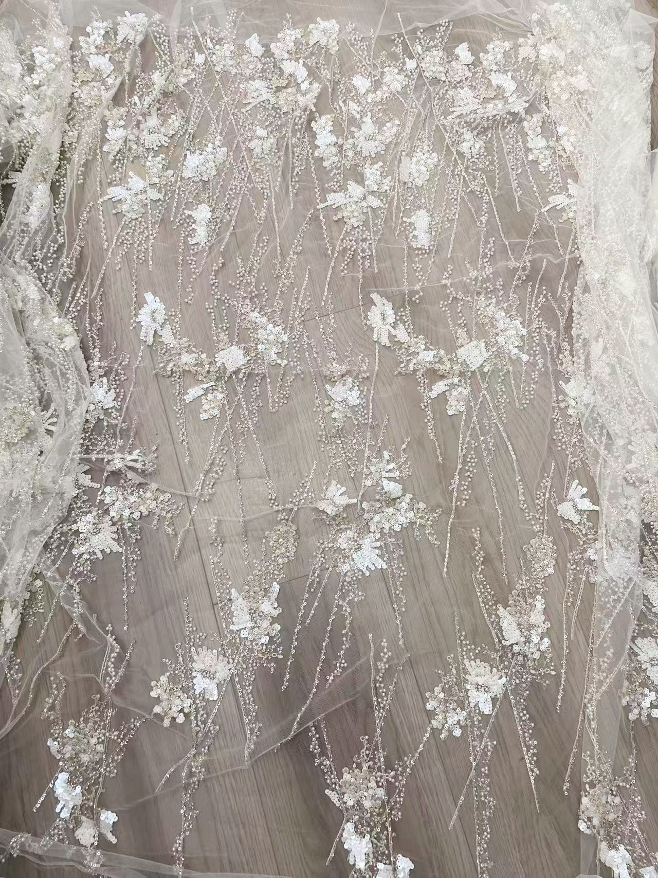 Ivory Heavy Sequin Beads Lace Fabric, Beading Tulle Lace for Prom Dress, Ball Gowns, Couture, Evening Dress