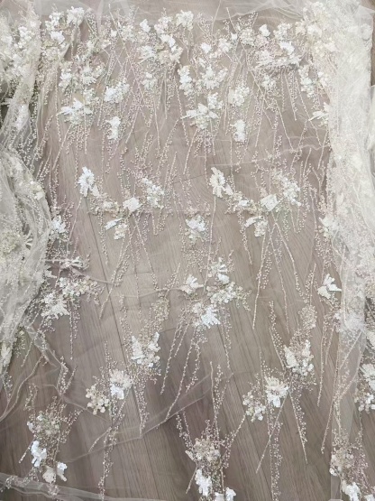 Ivory Heavy Sequin Beads Lace Fabric, Beading Tulle Lace for Prom Dress, Ball Gowns, Couture, Evening Dress