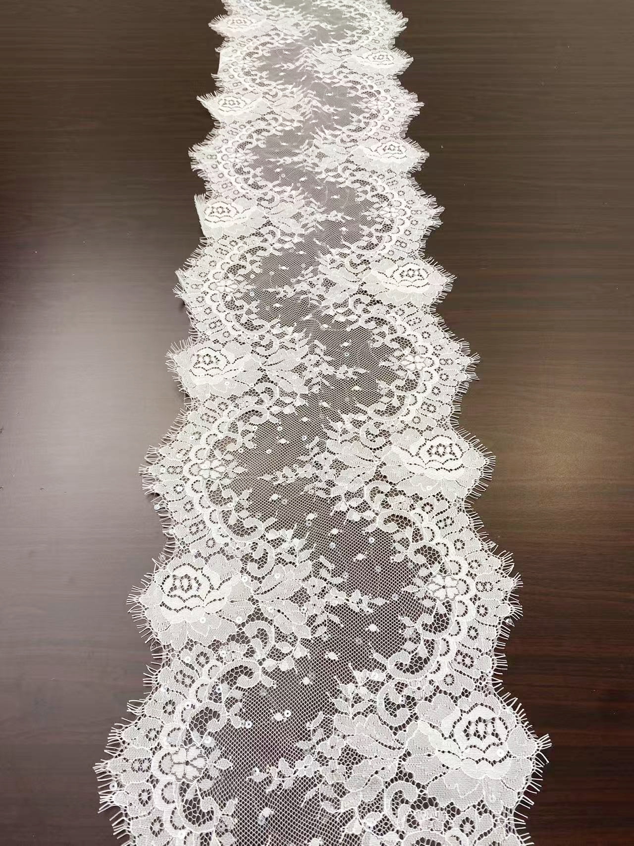Chantilly Lace Trim Fabric with Squines, White French Eyelash Border Lace for Bridal Veil, Wedding Embroidery Lace Tirmming,Sold by 3 Meters