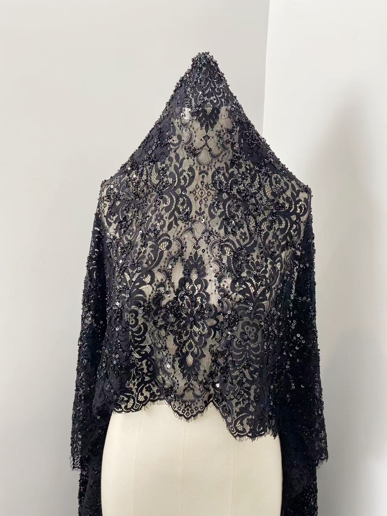Black French Beaded Chantilly Lace Fabric, Bridal Eyelash Lace Material for Wedding Dress,Gown, Haute couture,Sold as 3-Meter Piece