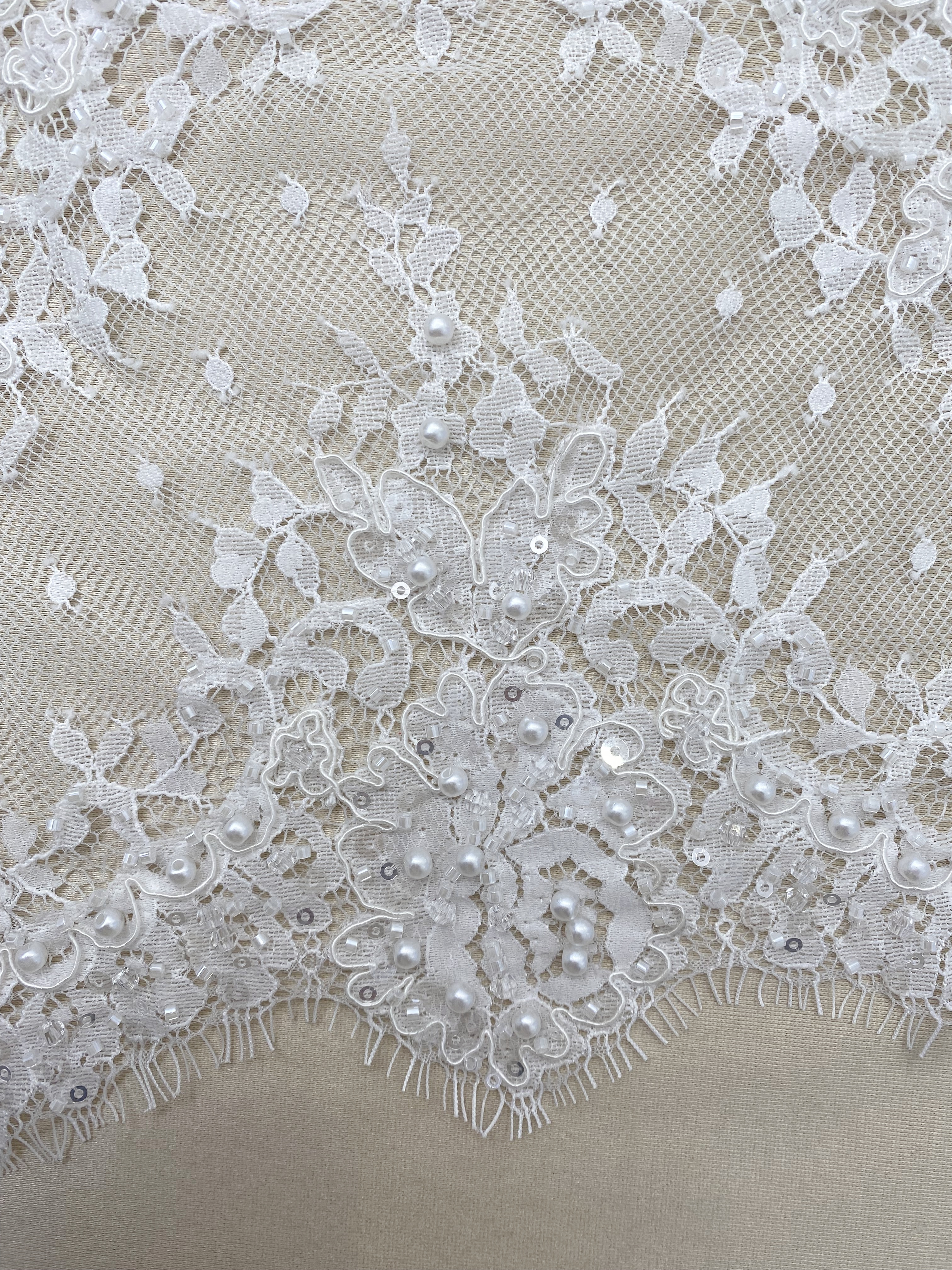 French Chantilly Lace Double Side Scalloped Beaded Lace Trim with Eyelash，Veil Lace Fabric, Bridal Wedding Accessories，Sold as 3-Meter Piece