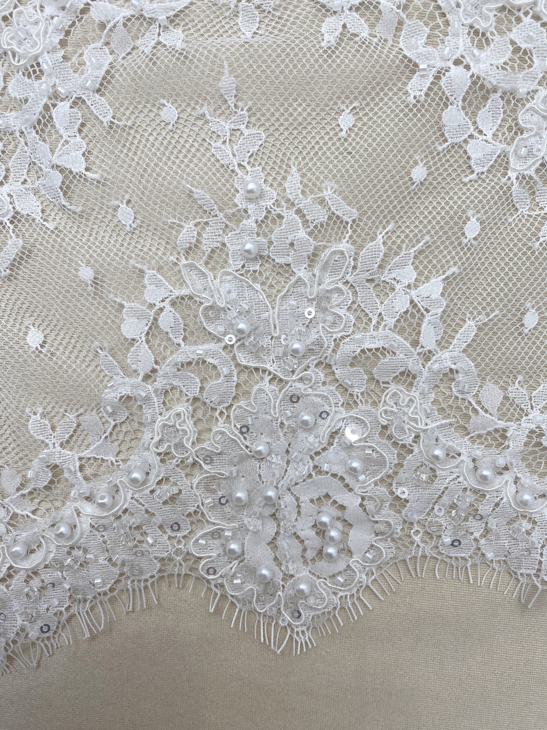 French Chantilly Lace Double Side Scalloped Beaded Lace Trim with Eyelash，Veil Lace Fabric, Bridal Wedding Accessories，Sold as 3-Meter Piece