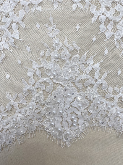 French Chantilly Lace Double Side Scalloped Beaded Lace Trim with Eyelash，Veil Lace Fabric, Bridal Wedding Accessories，Sold as 3-Meter Piece