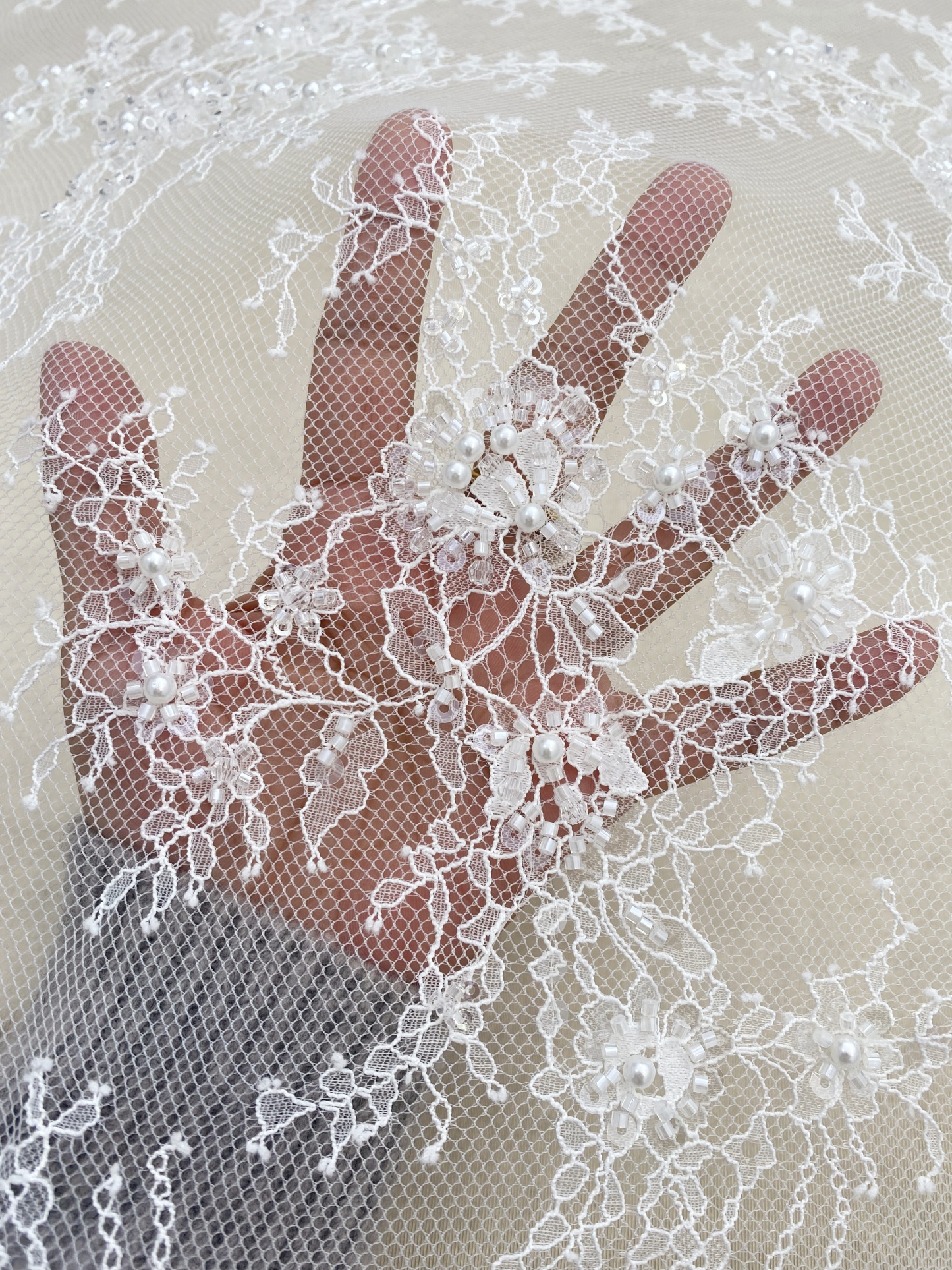 White Bead Chantilly Lace Fabric with Sequins for Wedding Dress,Bridal Gown Veil, Alencon Lace Floral Trim Eyelash Edging,Sold as 3-Meter Piece