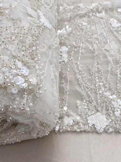 Ivory Heavy Sequin Beads Lace Fabric, Beading Tulle Lace for Prom Dress, Ball Gowns, Couture, Evening Dress