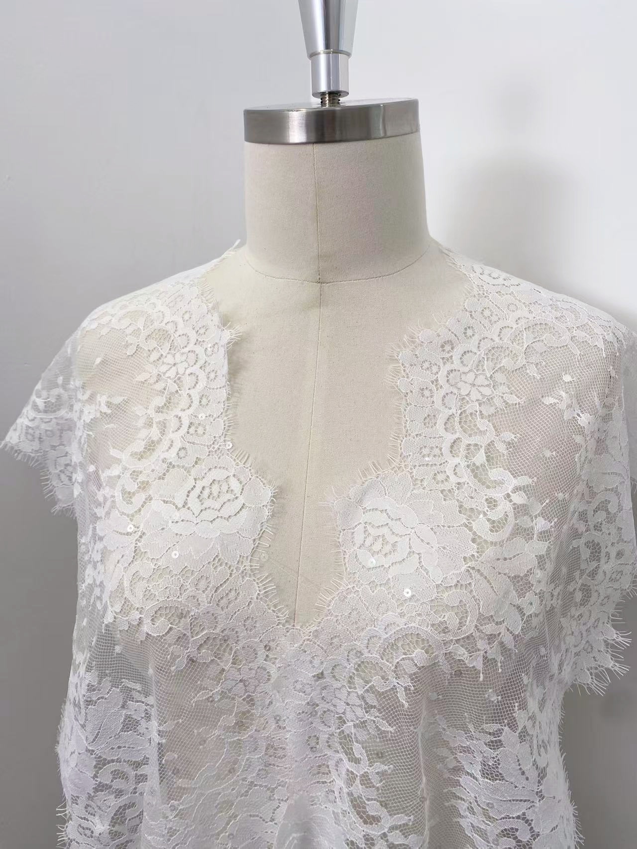 Chantilly Lace Trim Fabric with Squines, White French Eyelash Border Lace for Bridal Veil, Wedding Embroidery Lace Tirmming,Sold by 3 Meters
