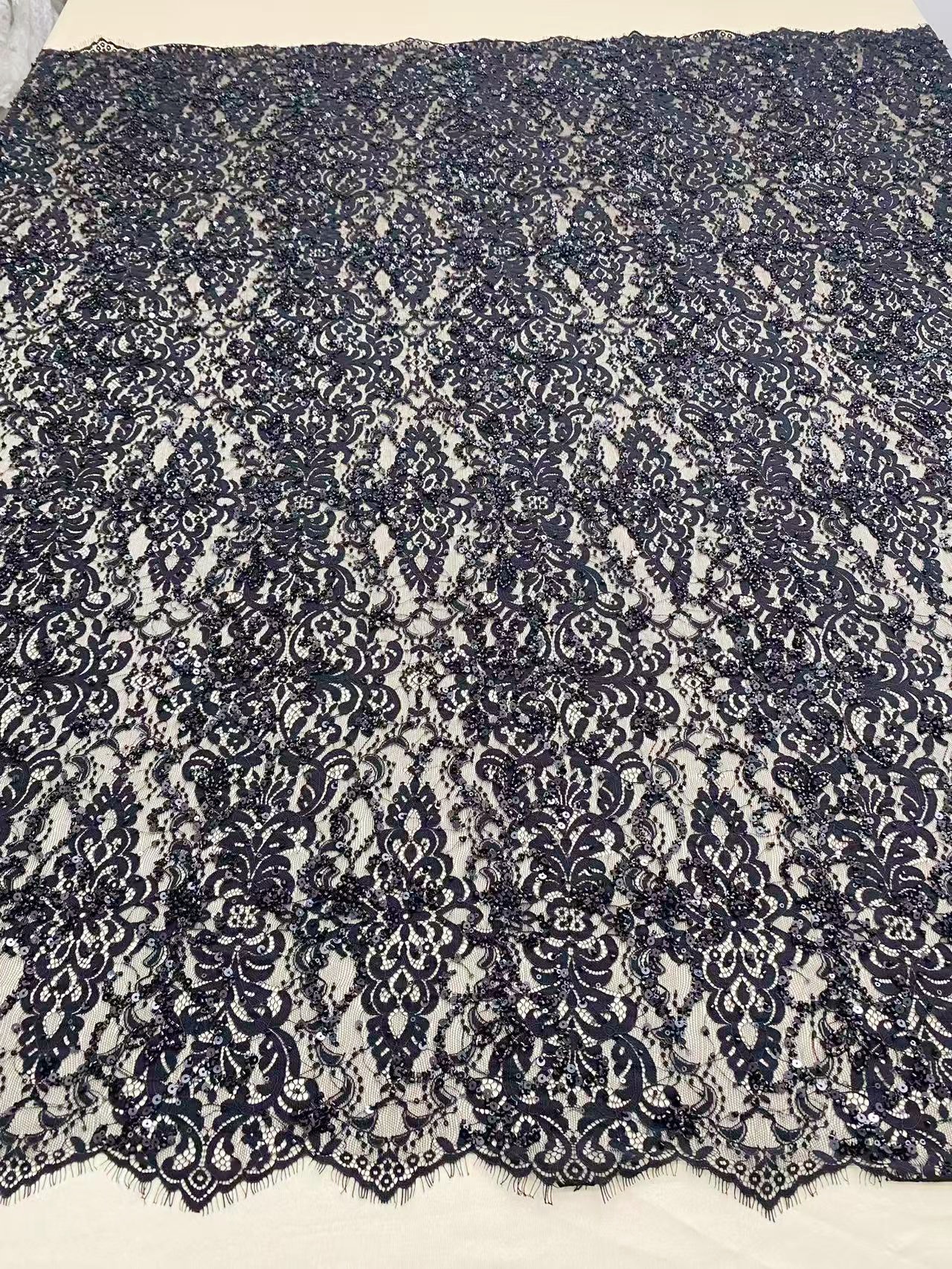 Black French Beaded Chantilly Lace Fabric, Bridal Eyelash Lace Material for Wedding Dress,Gown, Haute couture,Sold as 3-Meter Piece