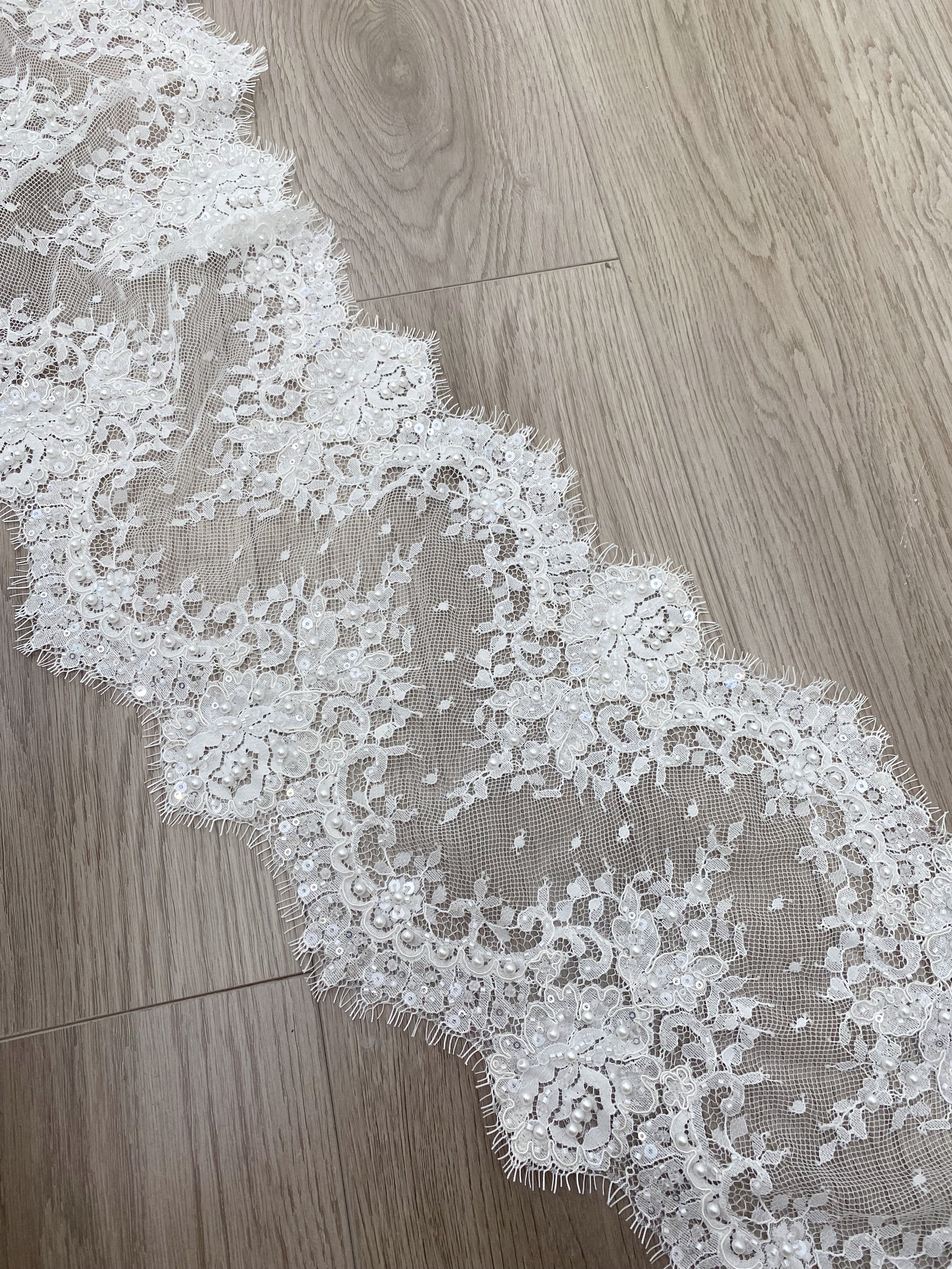 French Chantilly Lace Double Side Scalloped Beaded Lace Trim with Eyelash，Veil Lace Fabric, Bridal Wedding Accessories，Sold as 3-Meter Piece