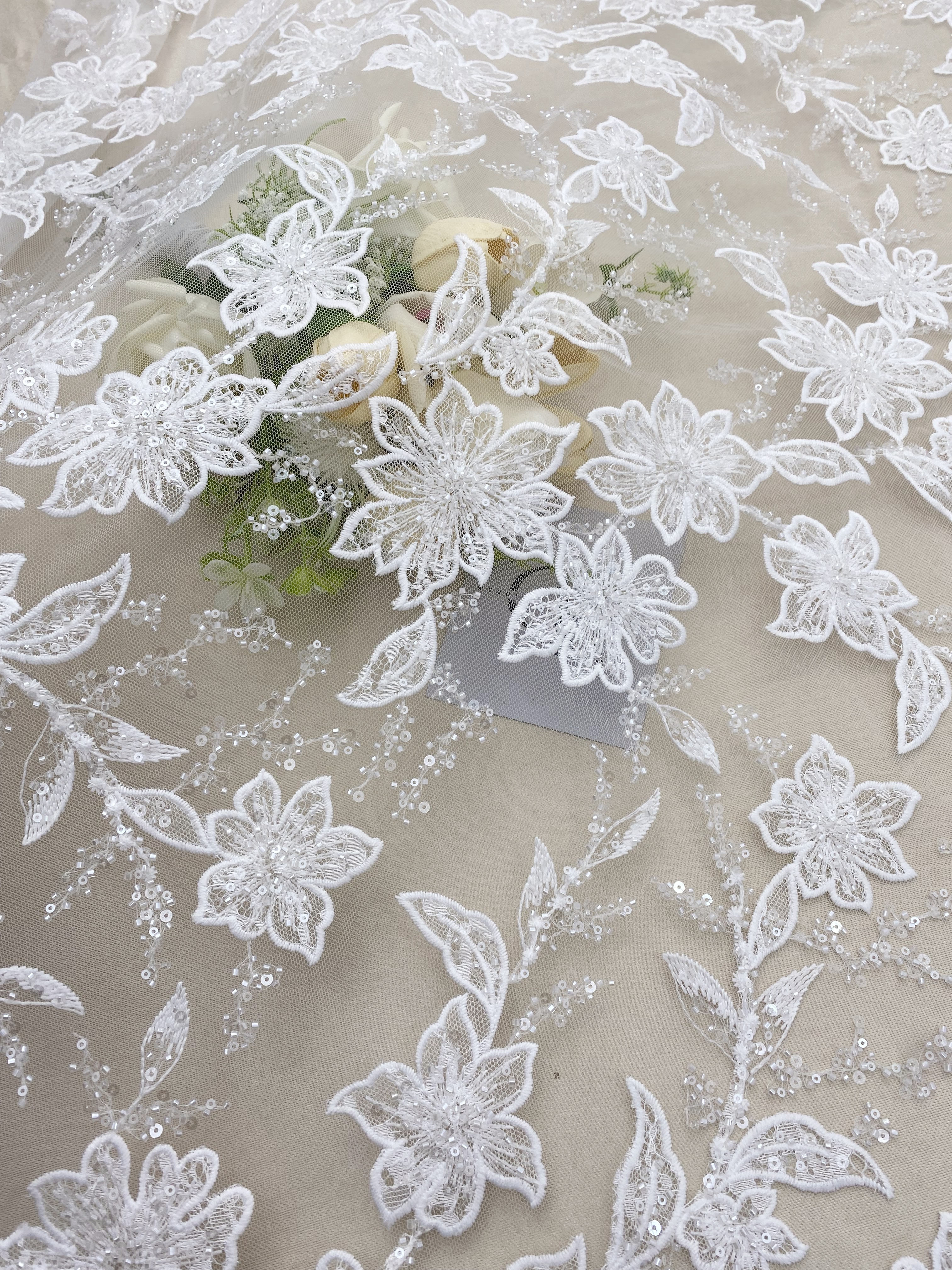 Ivory Embroidered Lace Fabric with Beads and Sequins for Wedding Dresses, Romantic Flower Lace Fabric, Rayon Embroidery Flower Lace