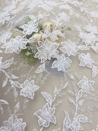 Ivory Embroidered Lace Fabric with Beads and Sequins for Wedding Dresses, Romantic Flower Lace Fabric, Rayon Embroidery Flower Lace