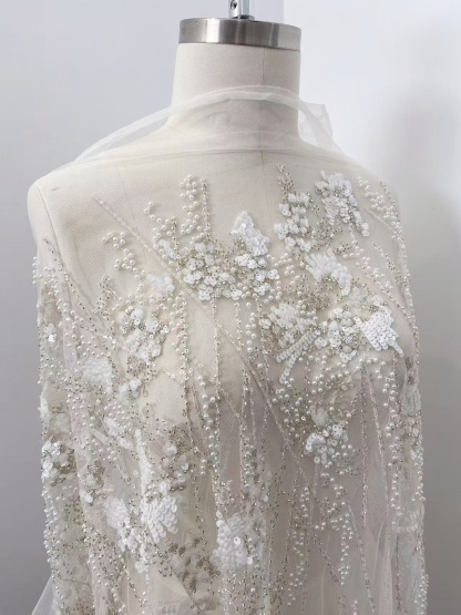 Ivory Heavy Sequin Beads Lace Fabric, Beading Tulle Lace for Prom Dress, Ball Gowns, Couture, Evening Dress