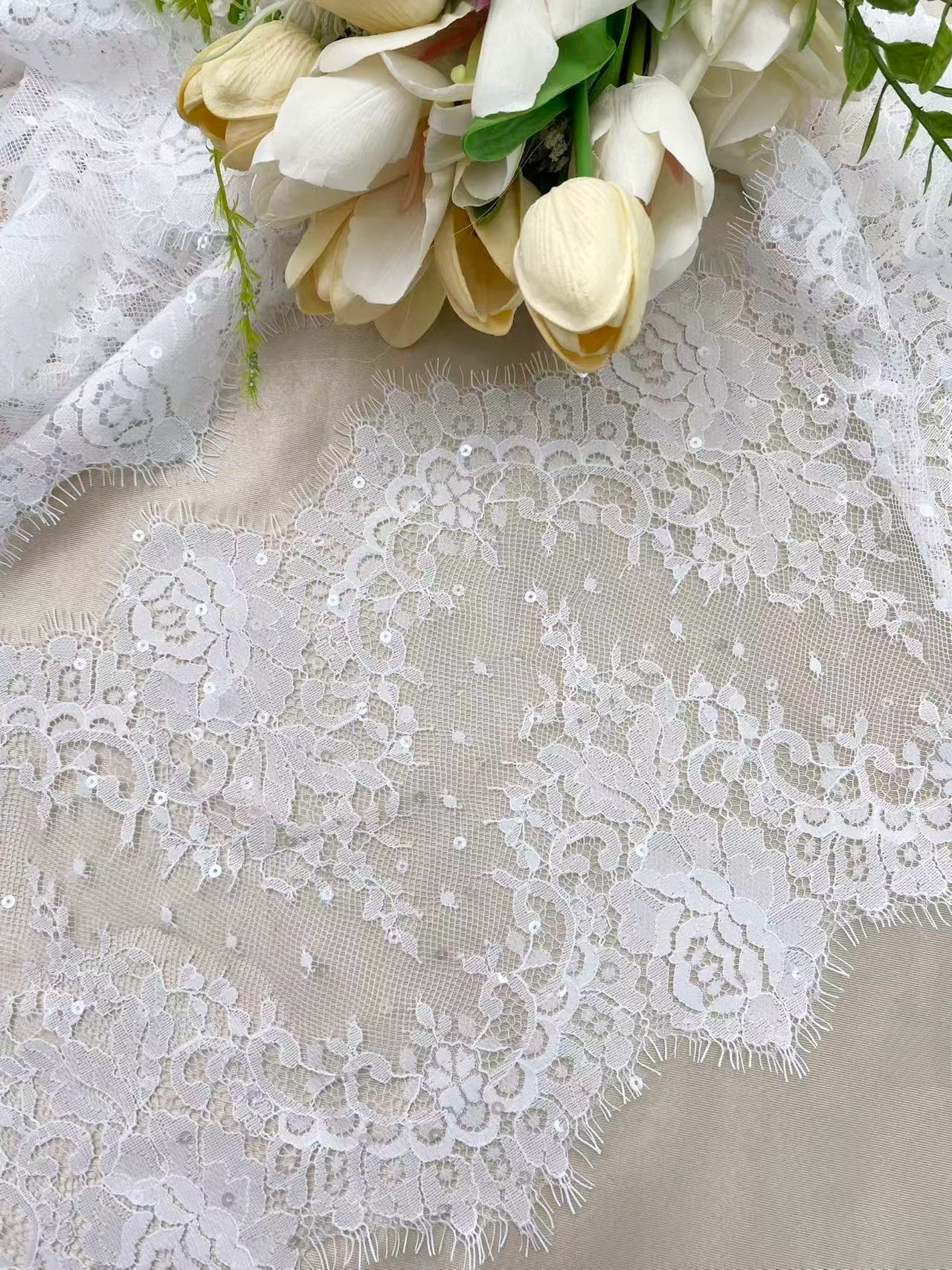 Chantilly Lace Trim Fabric with Squines, White French Eyelash Border Lace for Bridal Veil, Wedding Embroidery Lace Tirmming,Sold by 3 Meters