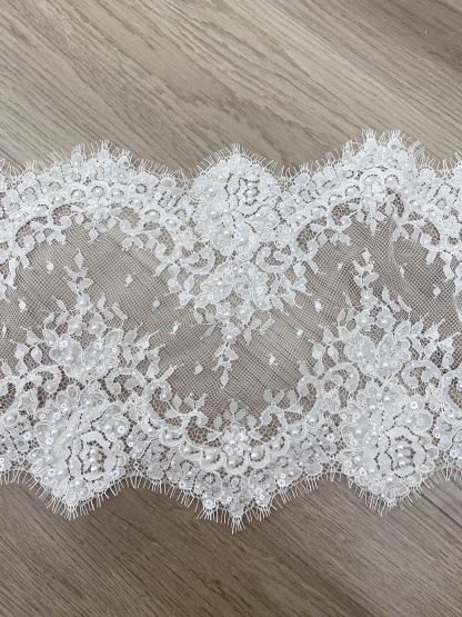 French Chantilly Lace Double Side Scalloped Beaded Lace Trim with Eyelash，Veil Lace Fabric, Bridal Wedding Accessories，Sold as 3-Meter Piece