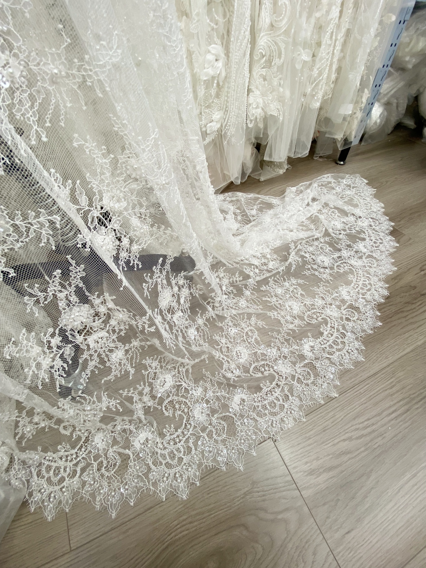 White Bead Chantilly Lace Fabric with Sequins for Wedding Dress,Bridal Gown Veil, Alencon Lace Floral Trim Eyelash Edging,Sold as 3-Meter Piece