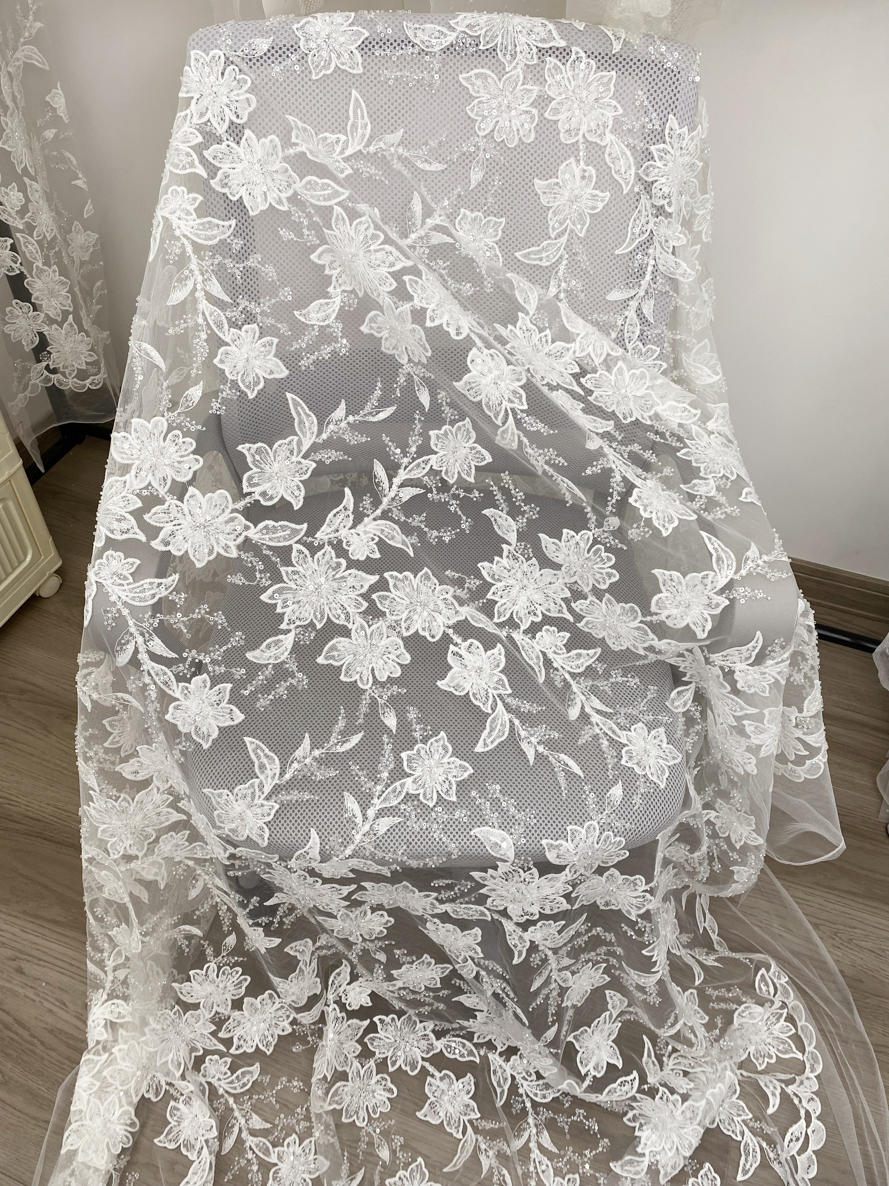 Ivory Embroidered Lace Fabric with Beads and Sequins for Wedding Dresses, Romantic Flower Lace Fabric, Rayon Embroidery Flower Lace